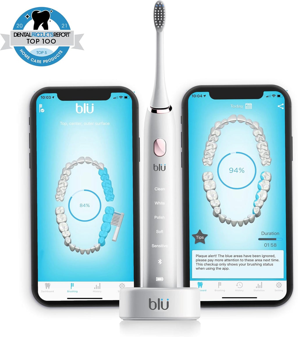 Blu Smart Electric Toothbrush, Power Sonic Toothbrush with Interactive Live Tracking App for Adults (White)