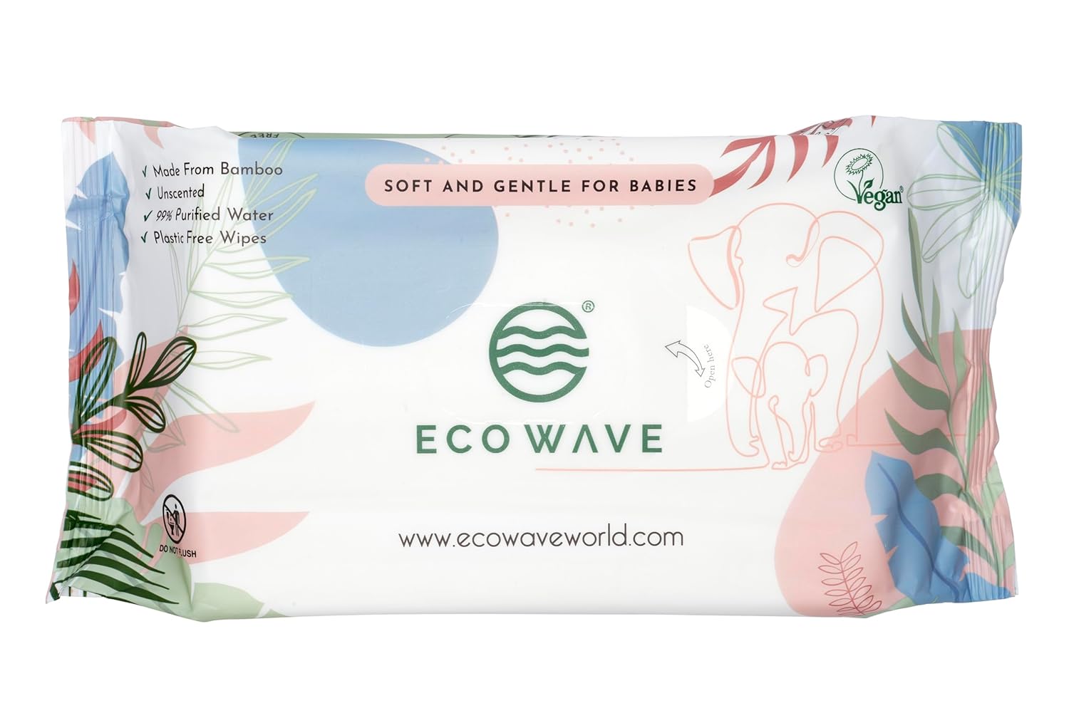 Eco Wave Baby Wipes, 100% Compostable Eco-Friendly Bamboo Wipes, Unscented, Hypoallergenic, Vegan, Alcohol-Free, Suitable For Sensitive Skin (Pack of 4)