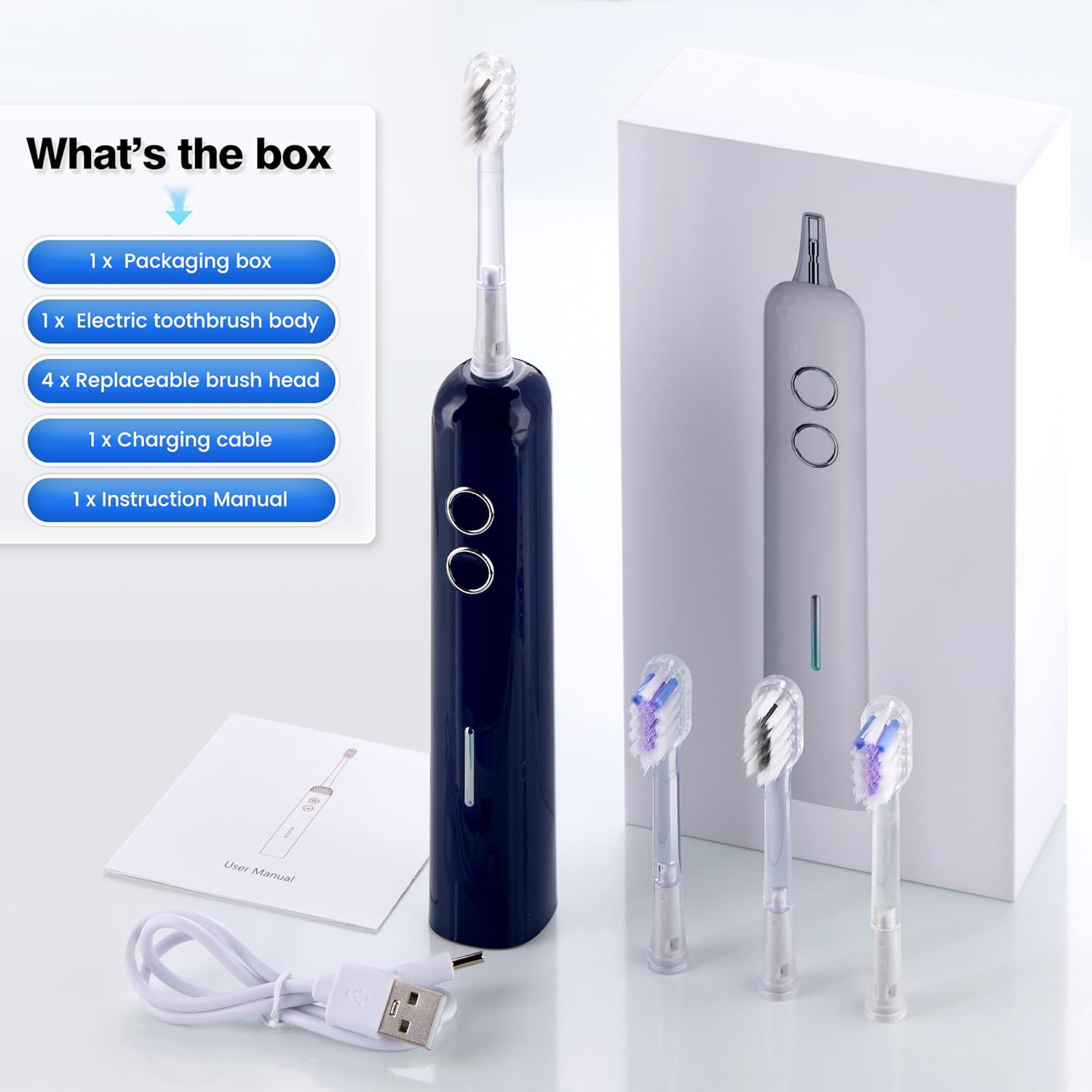 Electric Toothbrush for Adults Sonic Vibration Deep Mouth Cleaning Teeth Whitening Free 4 Toothbrush Heads Super Soft Bristles 3 Modes 90 Days Lifespan IPX7 Waterproof (Color Available)