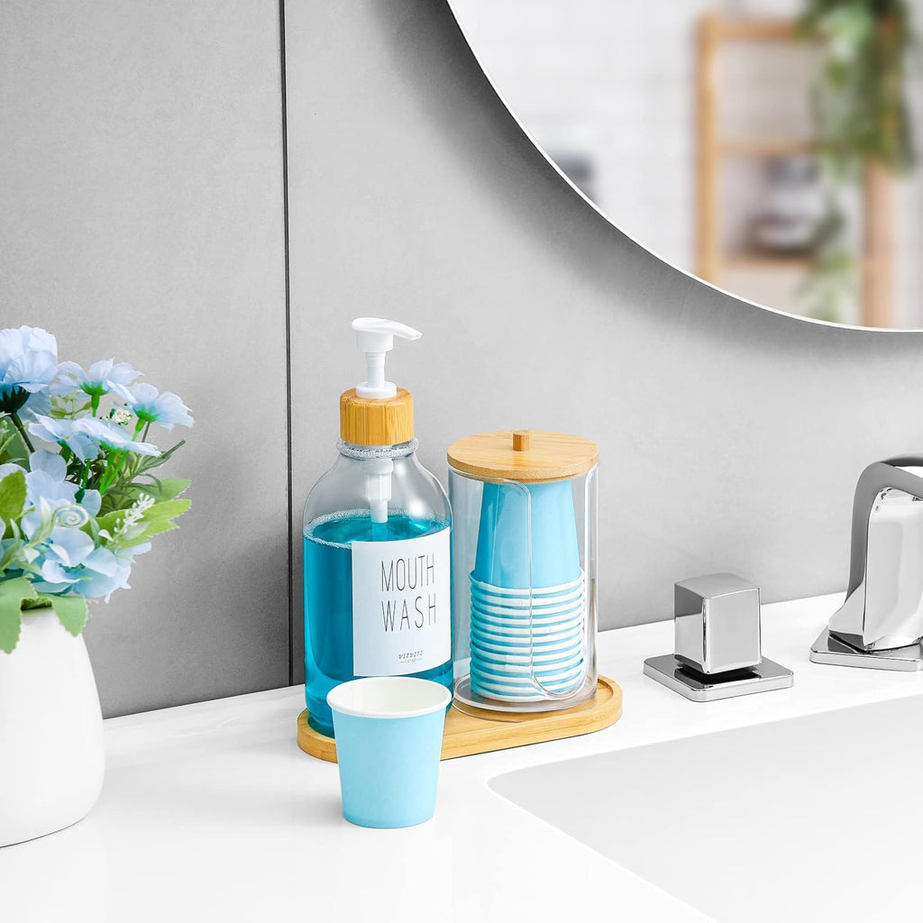 VITVITI Mouthwash Dispenser for Bathroom, Mouth Wash Pump Bottle with Paper Cup Holder, 17Oz Refillable Clear Mouthwash Container with Bamboo Lid/Tray/Label