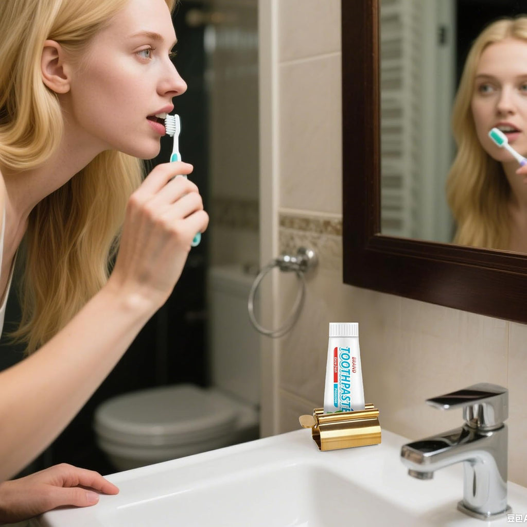 LOVEINUSA Toothpaste Tube Squeezer Dispenser, 2PCS Toothpaste Roller Squeezer Tool Stainless Steel Tooth Paste Holder for Bathroom, Matt Gold