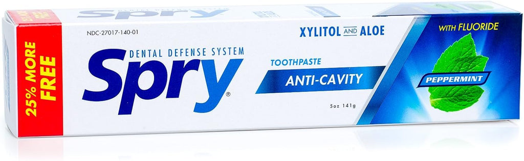Spry Natural Xylitol Toothpaste 5oz for Adults and Kids with Fluoride, Gentle for Sensitive Teeth Whitening and Remineralizing, Breath Freshening, Mouth Moisturizing, Peppermint (Pack of 1)