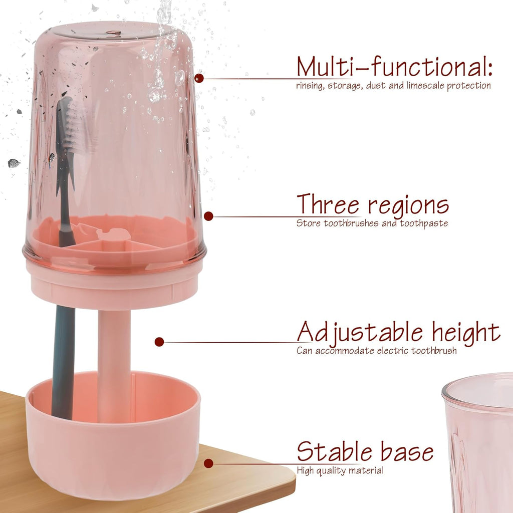Toothbrush Holder Stand with Cup/Cover, Adjustable Height Toothbrush Organizer with 3 Slots, Portable for Bathroom, Travel, Camping (Pink)
