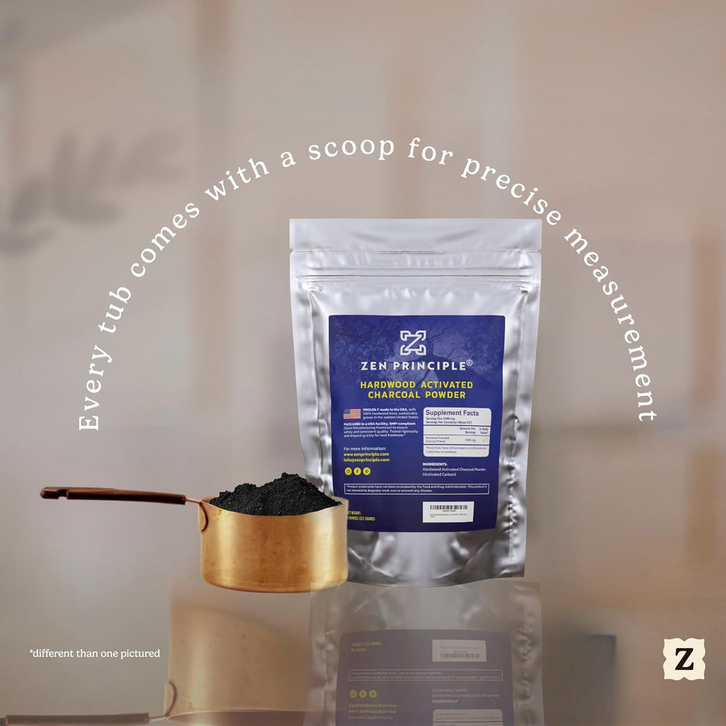 Zen Principle Hardwood Activated Charcoal Powder 100 Percent from USA Trees. All Natural. Whitens Teeth, Rejuvenates Skin and Hair, Supports Better Digestion, 8 oz.