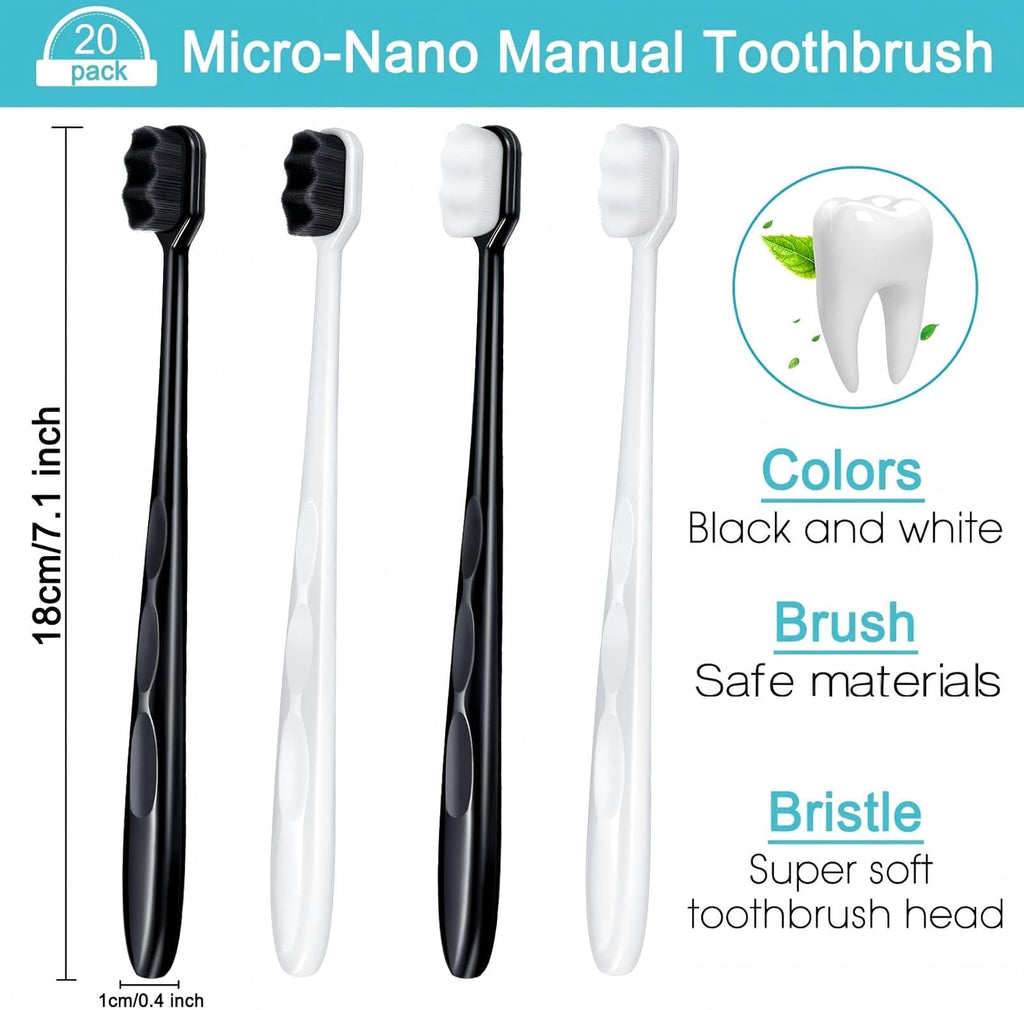 Patelai 20 Pieces Extra Soft Toothbrush Micro Nano 20,000 Bamboo Charcoal Bristles Toothbrush Soft Bristle for Fragile Teeth Oral Gum Recession, Black and White