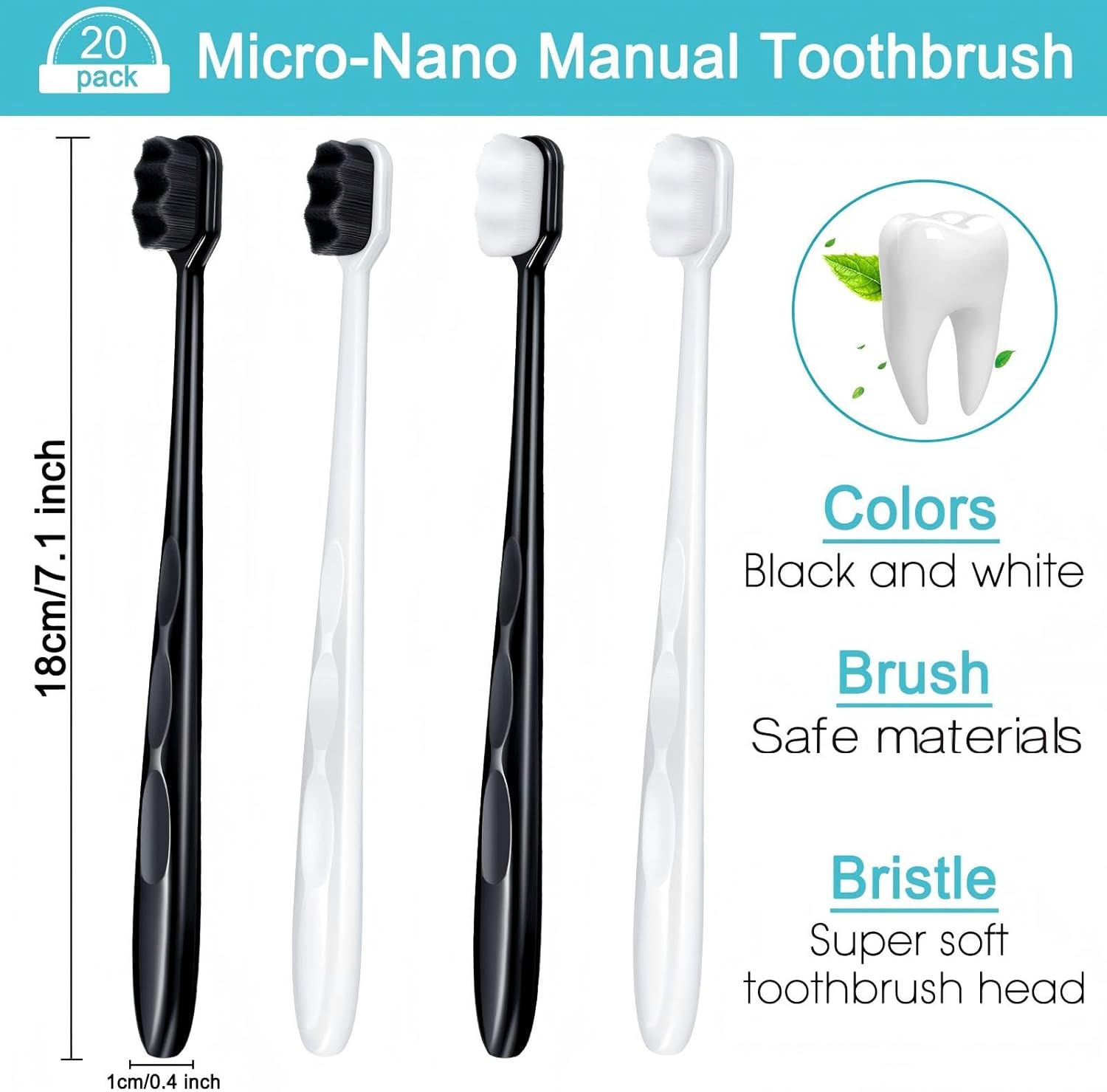 Patelai 20 Pieces Extra Soft Toothbrush Micro Nano 20,000 Bamboo Charcoal Bristles Toothbrush Soft Bristle for Fragile Teeth Oral Gum Recession, Black and White