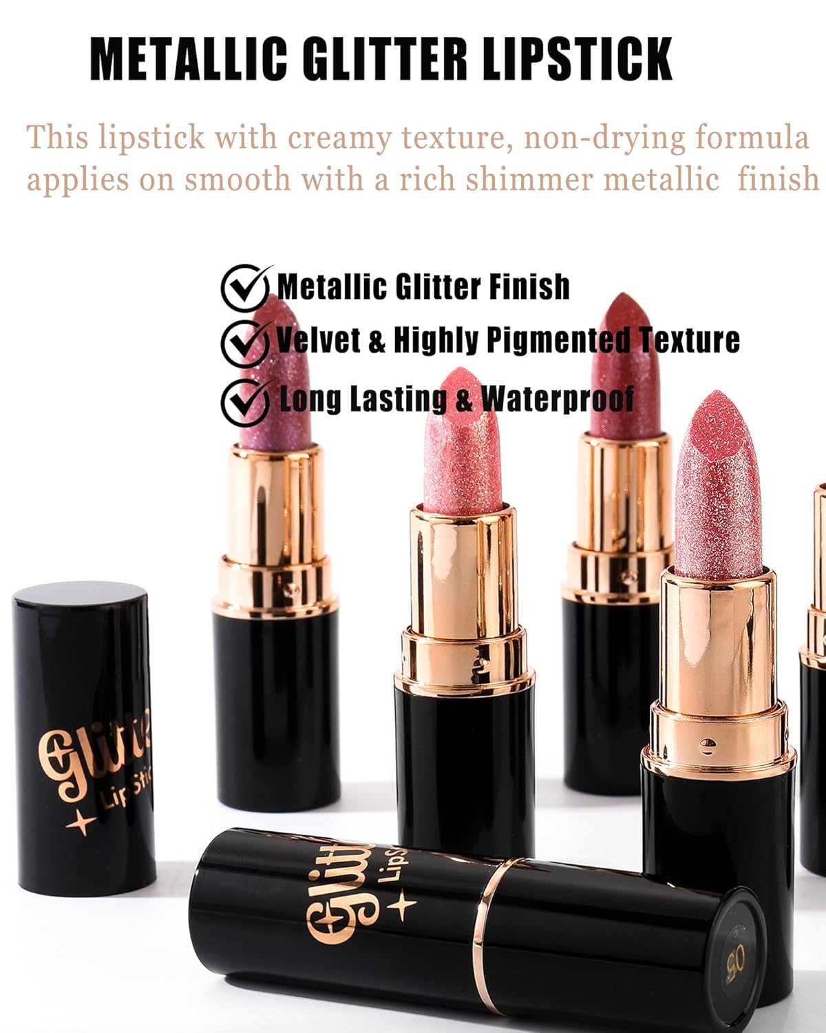 Rose Red Metallic Glitter Lipstick Long Lasting,Diamond Nude Shimmer Lip Gloss High Pigmented Matte Liquid Lip Stick for Women,Sparkling Shiny Transfer Proof Non Stick Tinted Lip Color Balm Makeup-06