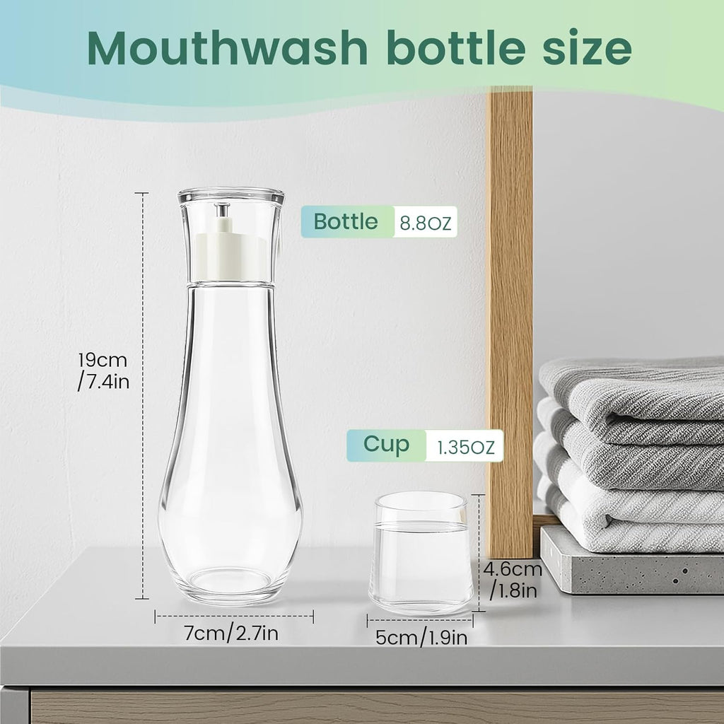 Tokusatsu Mouthwash Dispenser for Bathroom, 8.8 oz Clear Glass Refillable Mouthwash Container Bottle with Lid Cup for Countertop, 1 Pack