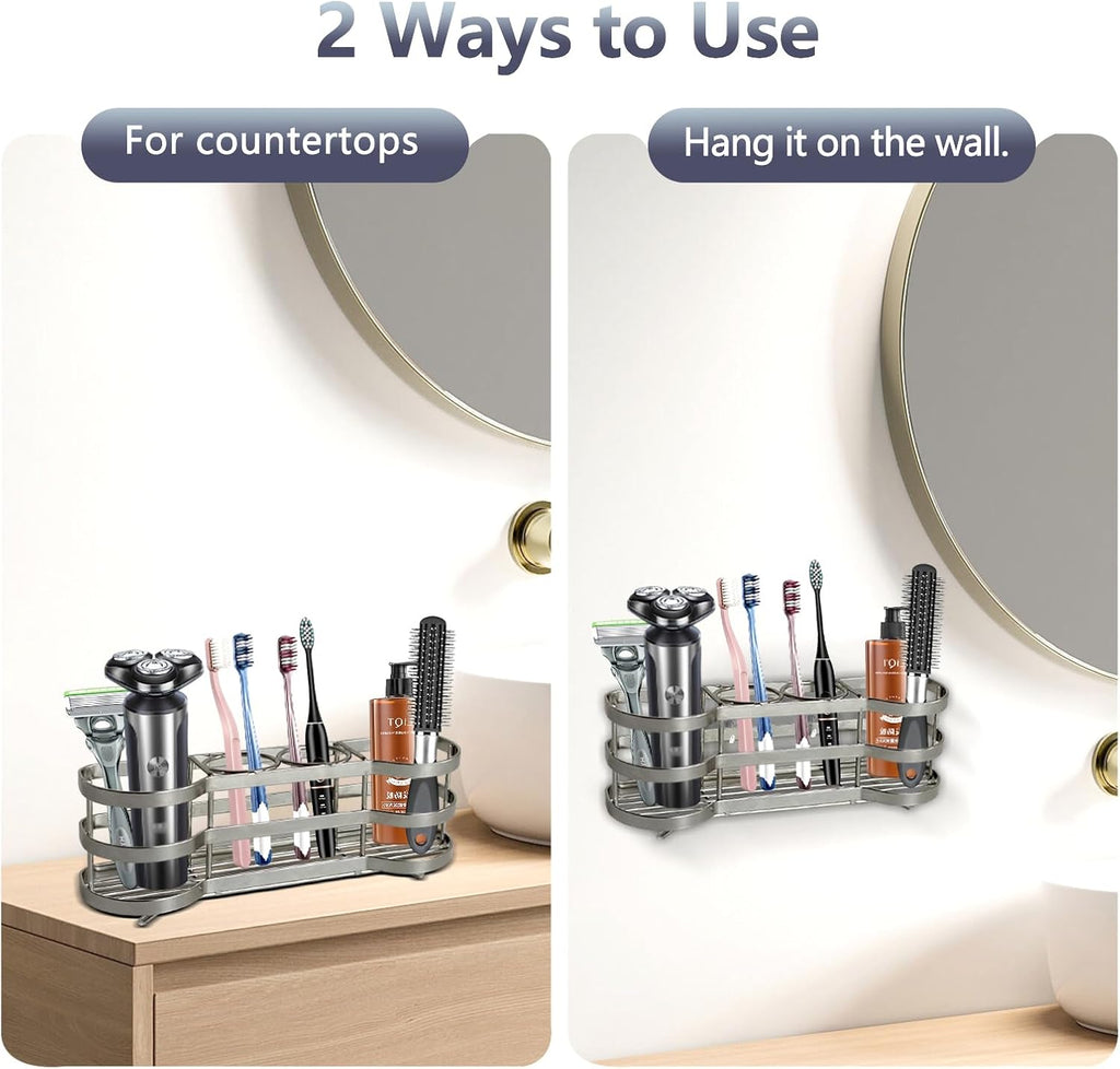 Wall Mount Toothbrush Holder for Shower Stainless Steel Toothbrush Stand, Self-Adhesive Wallmount/Countertop 4 Slots Bathroom Accessories Organizer (Silver 1)