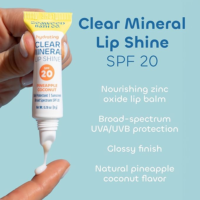 Seaweed Bath Co. Hydrating Clear Mineral Lip Shine SPF 20 Sunscreen Zinc Oxide Lip Balm, .35 Oz, Moisturizing Care for Dry, Chapped Lips