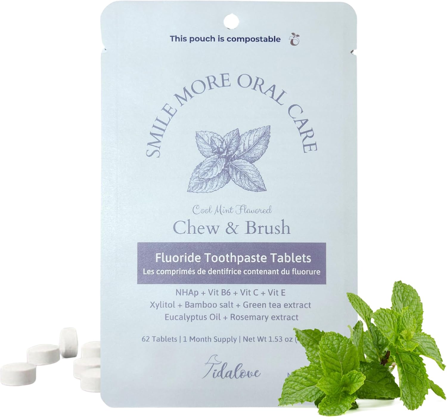 Smile More Toothpaste Tablets with Fluoride & nHAp - Vegan, Enamel Strengthening, Zero Waste, Paper Refill, 62 Tablets, Cool Mint, 1 Month Supply, Travel-Friendly