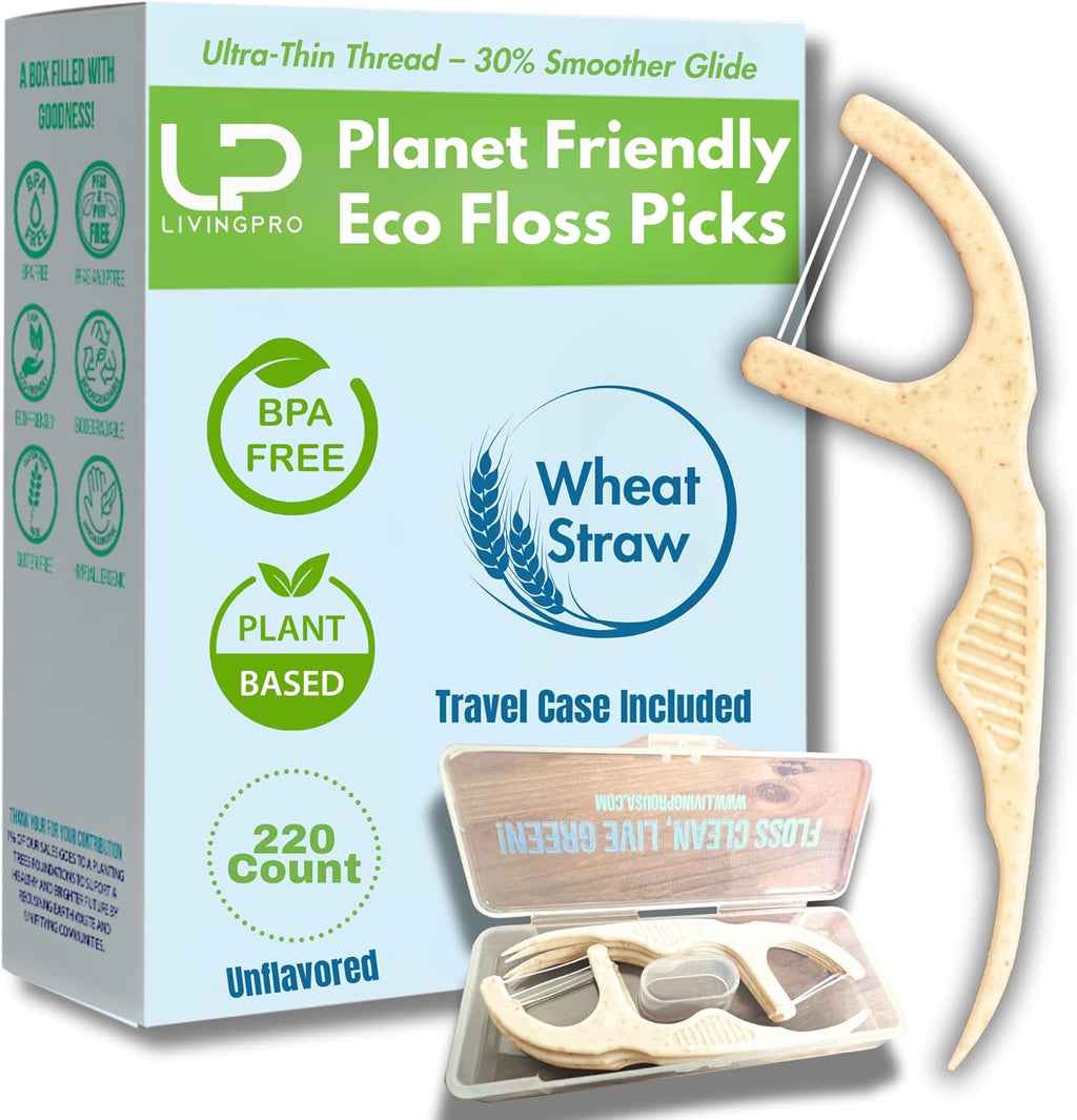 Twin Line Eco Floss Picks (220 Count) - Plant-Based Straw Wheat Floss Sticks with Travel Case | 2X More Effective Cleaning-Compostable Tooth Flossers, Thin & Shred Resistant Thread |