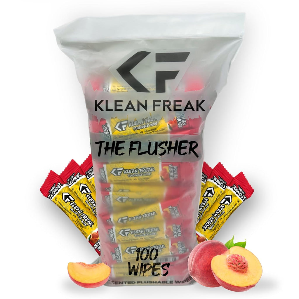 The Klean Freak Flusher - 100 Pack Flushable Wipes for Adults & Kids, Unscented/Scented, 100% Biodegradable, Individual Wrapped Travel Wet Wipe for Toilet - Georgia Peach