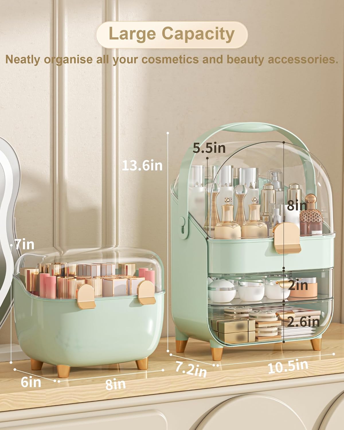 Makeup Organizer with Lipstick Holder, Skincare Organizers Storage Box Cosmetic Display Cases, Teen Girl Gifts Make up Organizers for Vanity, Dresser, Countertop, Bathroom(Green)