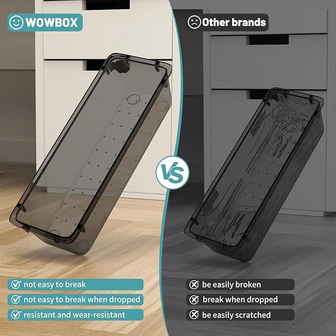 WOWBOX 24 PCS Clear Plastic Drawer Organizer Set, 4 Sizes Desk Drawer Organization and Storage Containers for Makeup, Cosmetics, Jewelry and Gadgets in Kitchen, Bathroom, Bedroom, Office, Clear Black