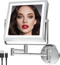 Rechargeable Wall Mounted Makeup Mirror with Lights, 4000mAh Double Sided 1X/10X Magnifying Vanity Mirror with 3 Color Lights, Touch Dimmable, 360° Extension Foldable Arm (Chrome)