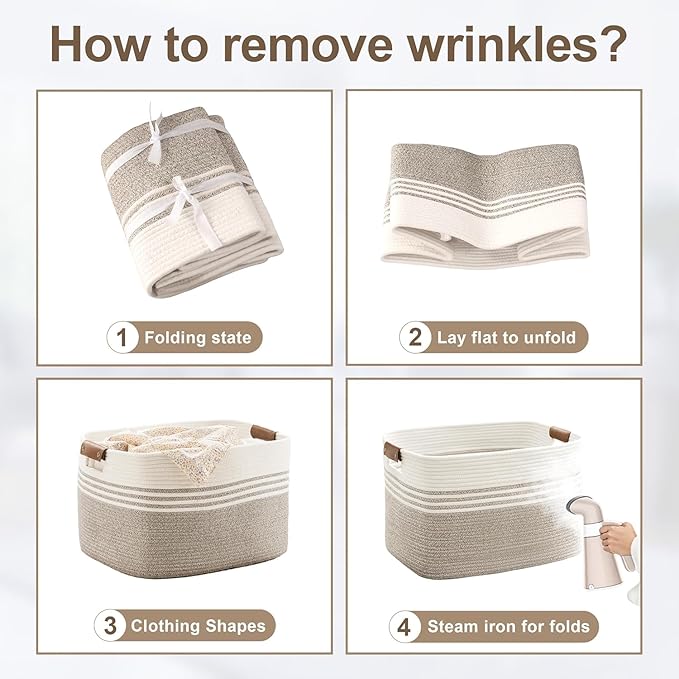 100L Extra Large Laundry Basket with Leather Handles for Living Room Storage, Woven Rope Baskets for Blanket, Kids Toy, Gifts, Wicker Hamper for Bedroom Dirty Clothes, 24"x16"x16" White Grey