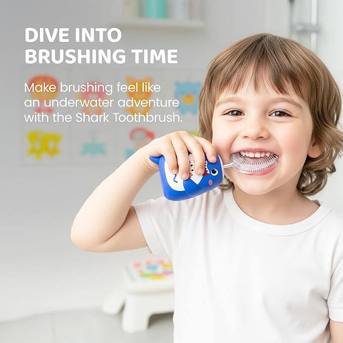 Well Before Ultrasonic Kid's U-Shaped Electric Toothbrush, IPX7 Waterproof, Five Cleaning Modes (Shark, Blue Ages 2-7)