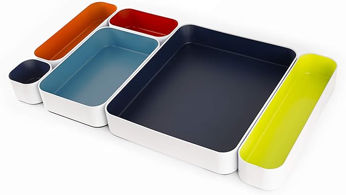 Three by Three Seattle 6 Piece Metal Organizer Tray Set for Storing Makeup, Stationery, Utensils, and More in Office Desk, Kitchen and Bathroom Drawers (2 Inch, Classic Colors)