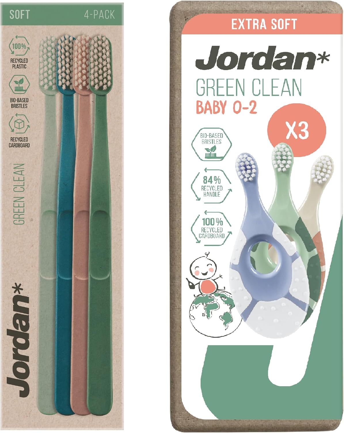 Jordan* ® | Green Clean Toothbrush | Award Winning Sustainable Toothbrush Made from Recycled Materials | Eco-Friendly | Scandinavian Design | Soft Bristle Toothbrush | Adult Toothbrush x 4 Units + Bab