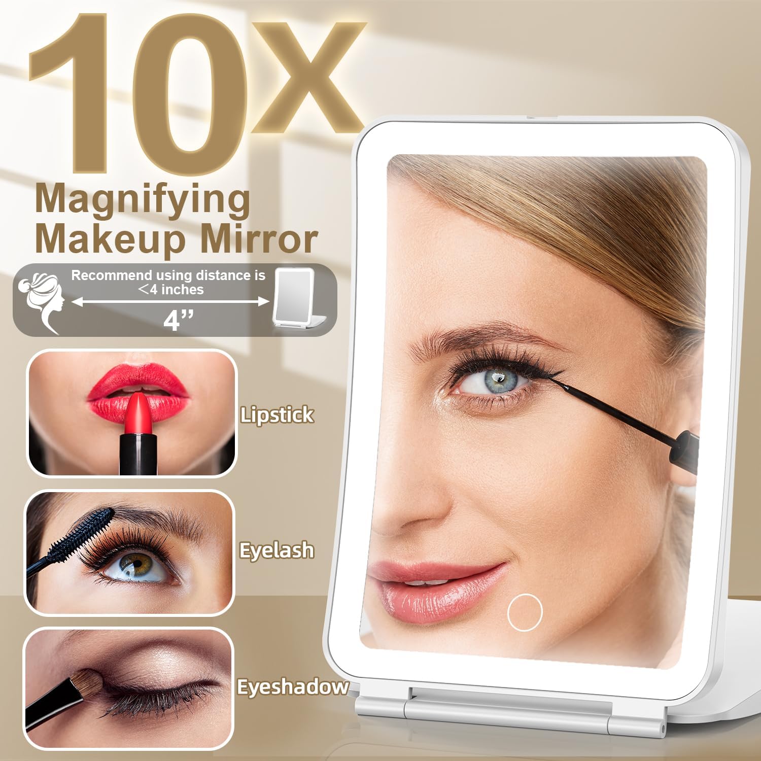 Mocado Travel Makeup Mirror with Light, 1x/10x Magnifying Mirror with Light, 3 Colors Lighted Magnifying Mirror, 2000mAh Rechargeable Lighted Makeup Mirror, Dimmable Touch, Memory Function (White)