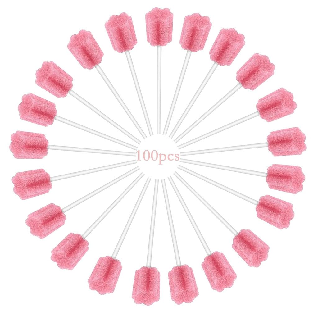 100Pcs Disposable Mouth Sponge Swabs Elderly Kids Adults Tooth Mouth Cleaning Individually Wrapped (Pink)