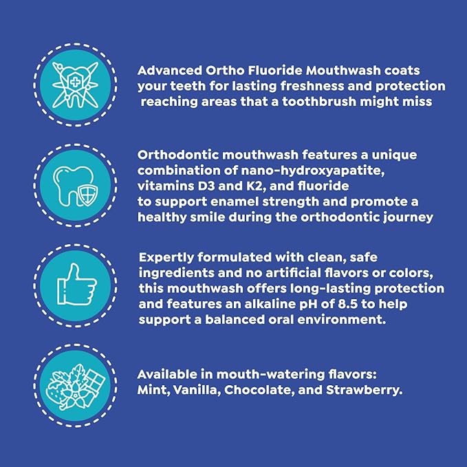 SuperMouth® Ortho Mouthwash – Fluoride + Nano-Hydroxyapatite, Vitamins D3 & K2, Prebiotics, Alcohol-Free, Alkaline pH, Protects Teeth with Braces & Aligners, Reduces White Spots, Tasty Flavors