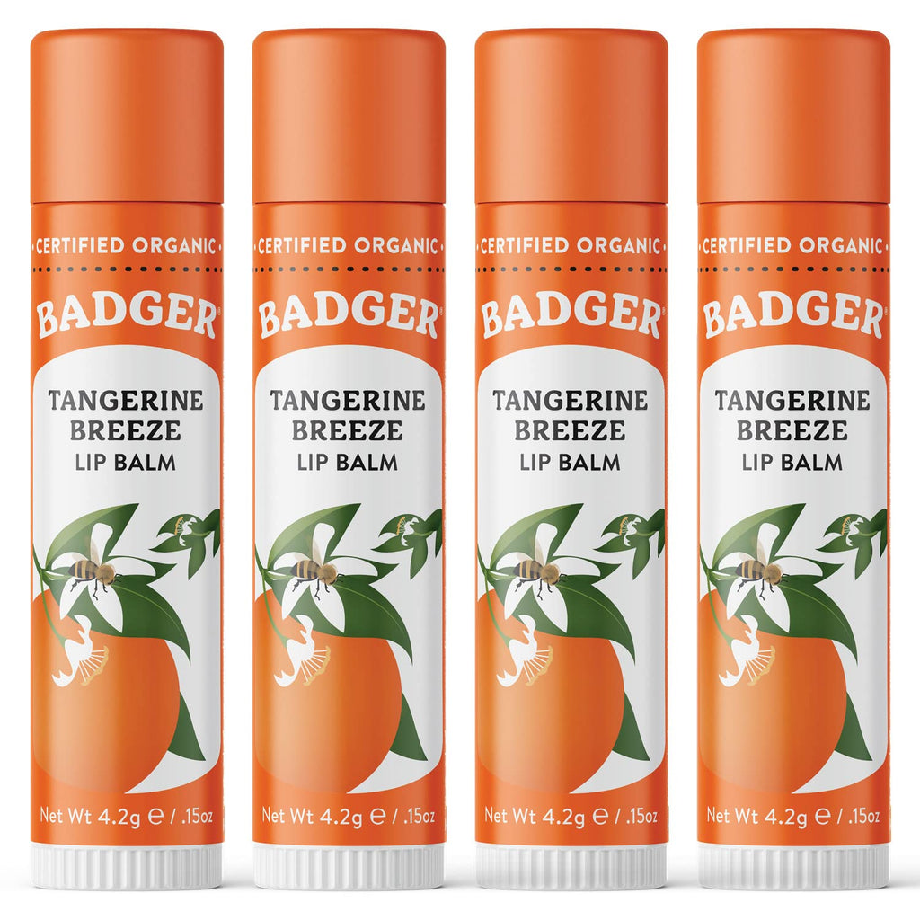 Badger Tangerine Breeze Classic Lip Balm, 100% Organic Lip Balm, Long Lasting Lip Care w/Light Silky Texture, Bright & Cheerful Lip Balm for Kids & Adults, 4 Pack