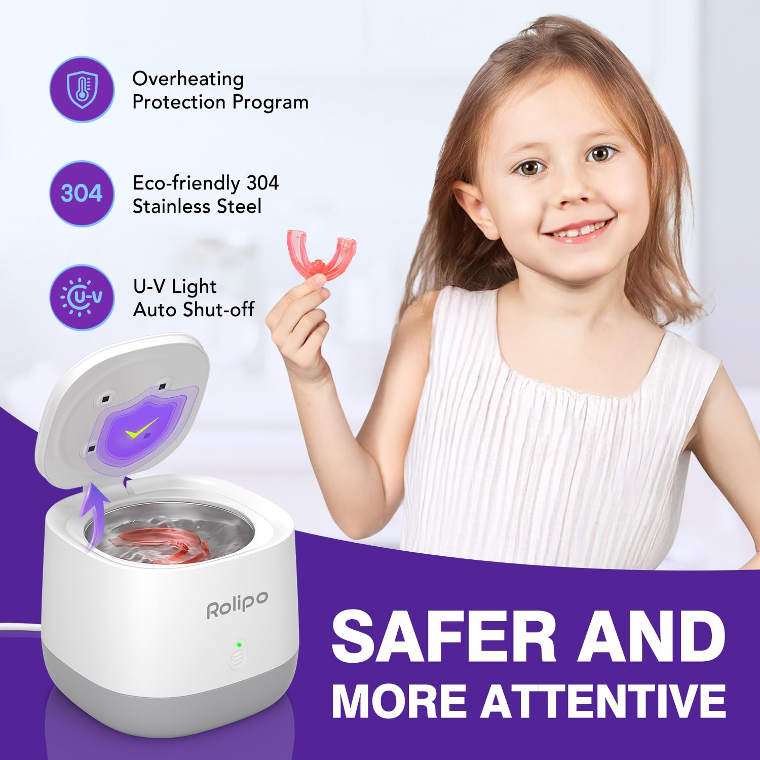 Ultrasonic Retainer Cleaner 320ML, 45kHz Denture Cleaner with 4 Lamps, Dental Cleaning Pod for Mouth Guard, Aligner, Braces, Toothbrush Head, Jewelry