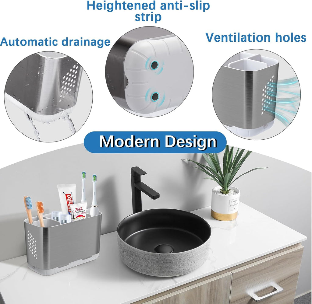 Toothbrush Holders for Bathroom Organizer Countertop, Detachable Anti-Slip Large Electric Toothbrush Holders, Brushed Nickel Toothbrush and Toothpaste Storage Caddy Drainage for Family, Kids