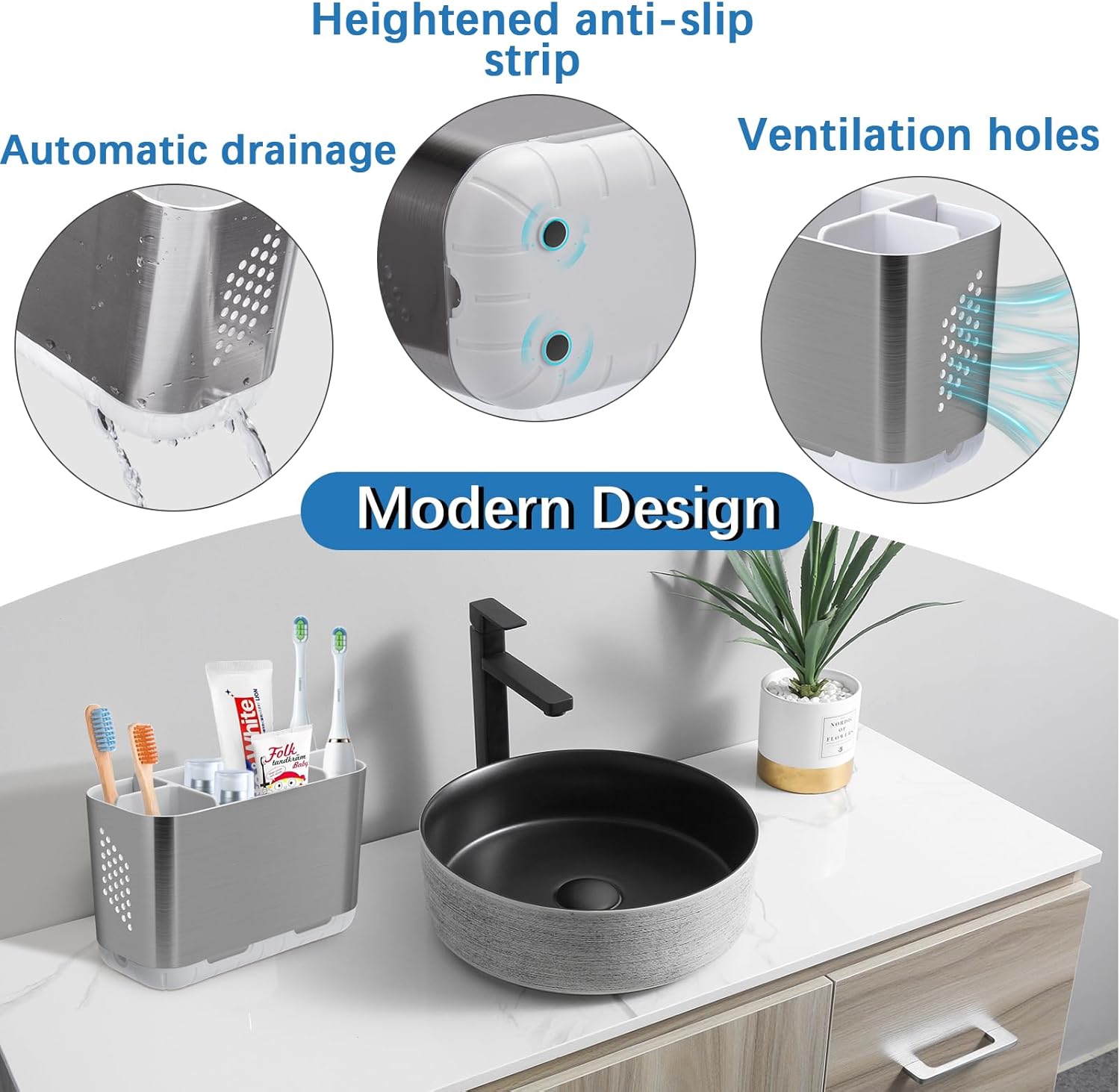 Toothbrush Holders for Bathroom Organizer Countertop, Detachable Anti-Slip Large Electric Toothbrush Holders, Brushed Nickel Toothbrush and Toothpaste Storage Caddy Drainage for Family, Kids