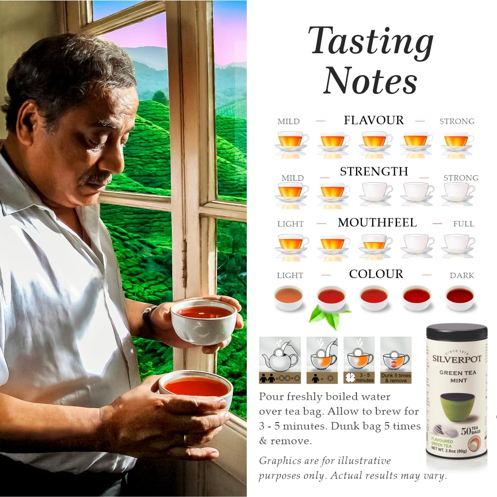 Silverpot Green Tea & Mint - 50 Round Tea Bags | 100% Natural, Peppermint | Caffeinated | Antioxidant Rich | Reusable Tin