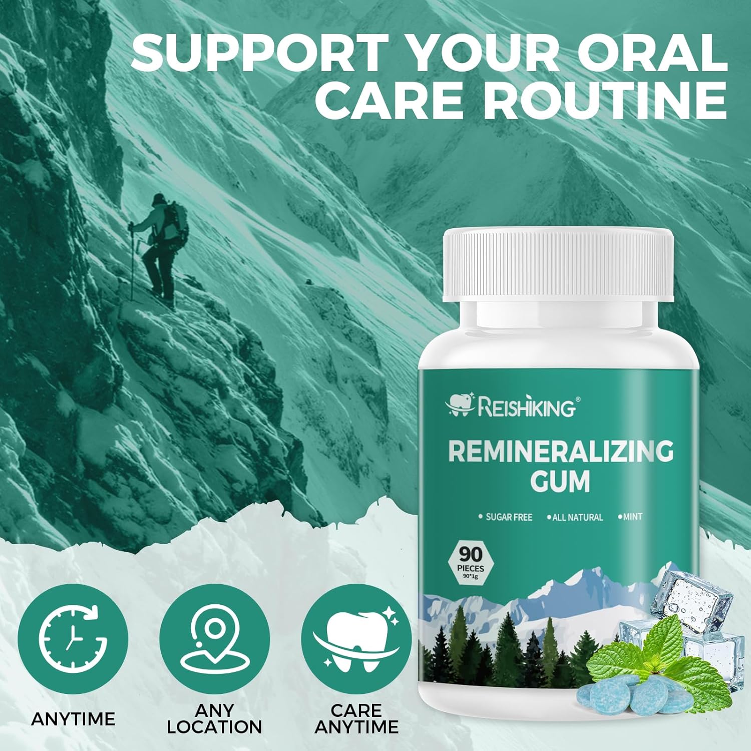 REMINERALIZING GUM, 90 Pieces, Teeth Remineralization, Sugar-Free Chewing Gum with Xylitol, Mint Flavor, Two pills after meals to freshen breath and clean teeth
