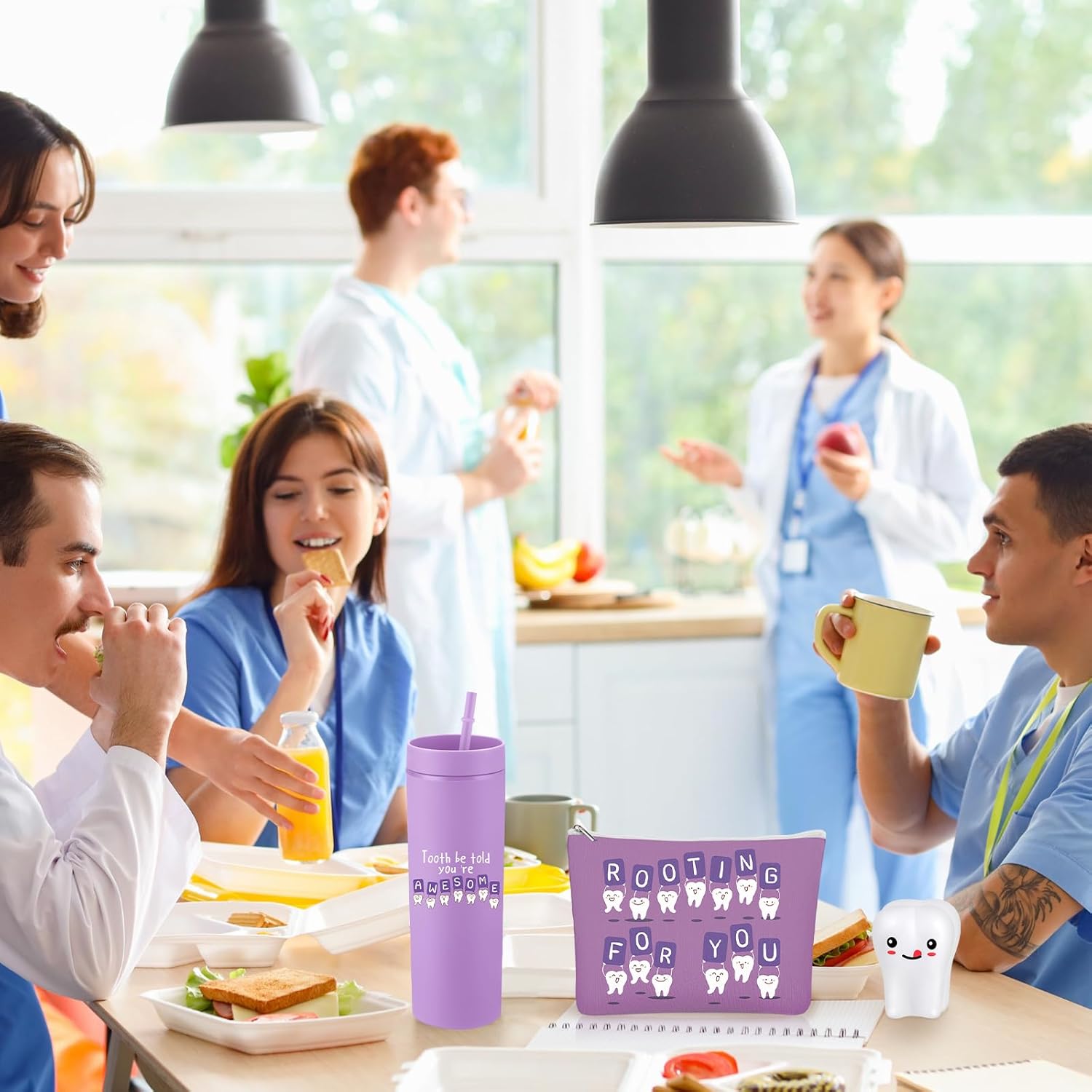 Skylety 3 Pcs Dental Hygiene Month Gifts Dental Assistant Hygienist Appreciation Gift 16oz Tumbler with Lid Cute Teeth Makeup Bag Stress Toy Employee Thank You Dentist Coworker Nurse Student(Purple)