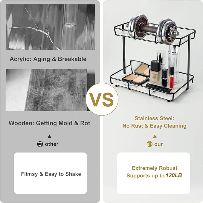 Bathroom Organizer Countertop Perfume Organizer Makeup Organizer Cosmetics Storage Display Rack Vanity Tray Dresser Stainless Steel Gold Shelf White Marble Ceramic Tray (2 Tier L-Black)