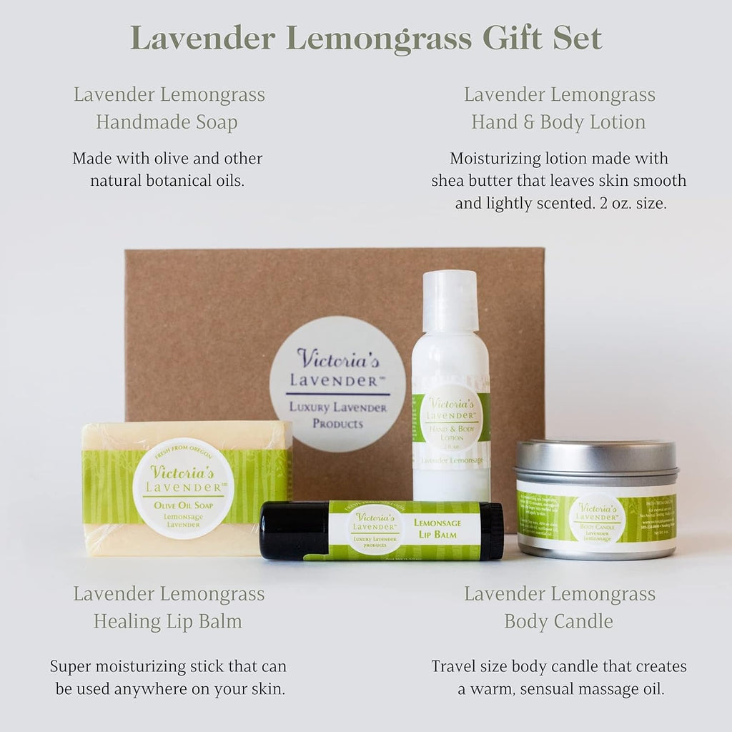 Victoria's Lavender Natural Body Products Gift Set - Handmade Soap, Hand & Body Lotion, Lip Balm, Made in the USA Body Candle Skin Care Set & Kits, Bath & Body Products for Women, Lavender Lemongrass