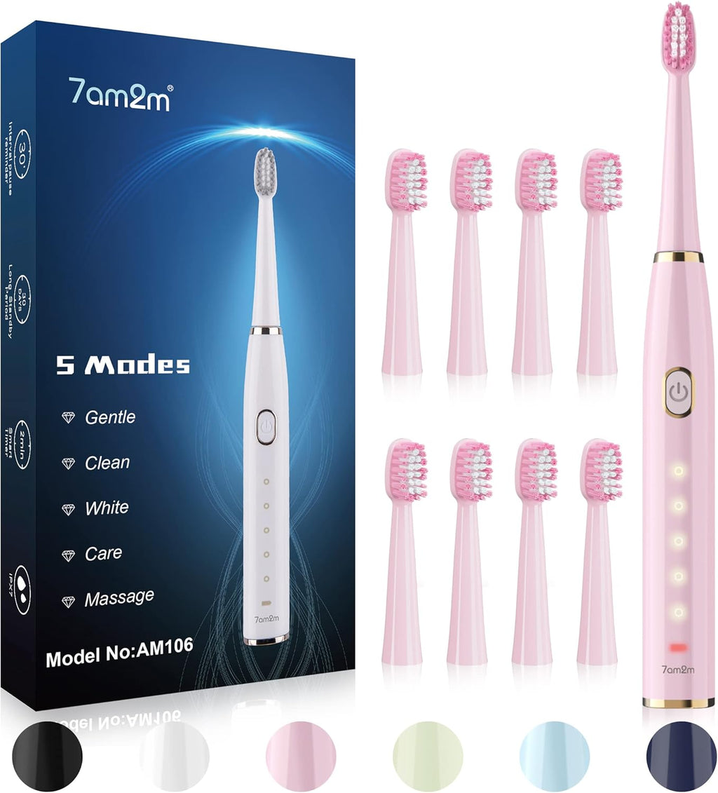 7AM2M Sonic Electric Toothbrush for Adults and Kids- High Power Rechargeable Toothbrushes with 8 Brush Heads,5 Adjustable Modes, Built-in 2-Minute Smart Timer,4 Hours Fast Charge for 30 Days(Pink)