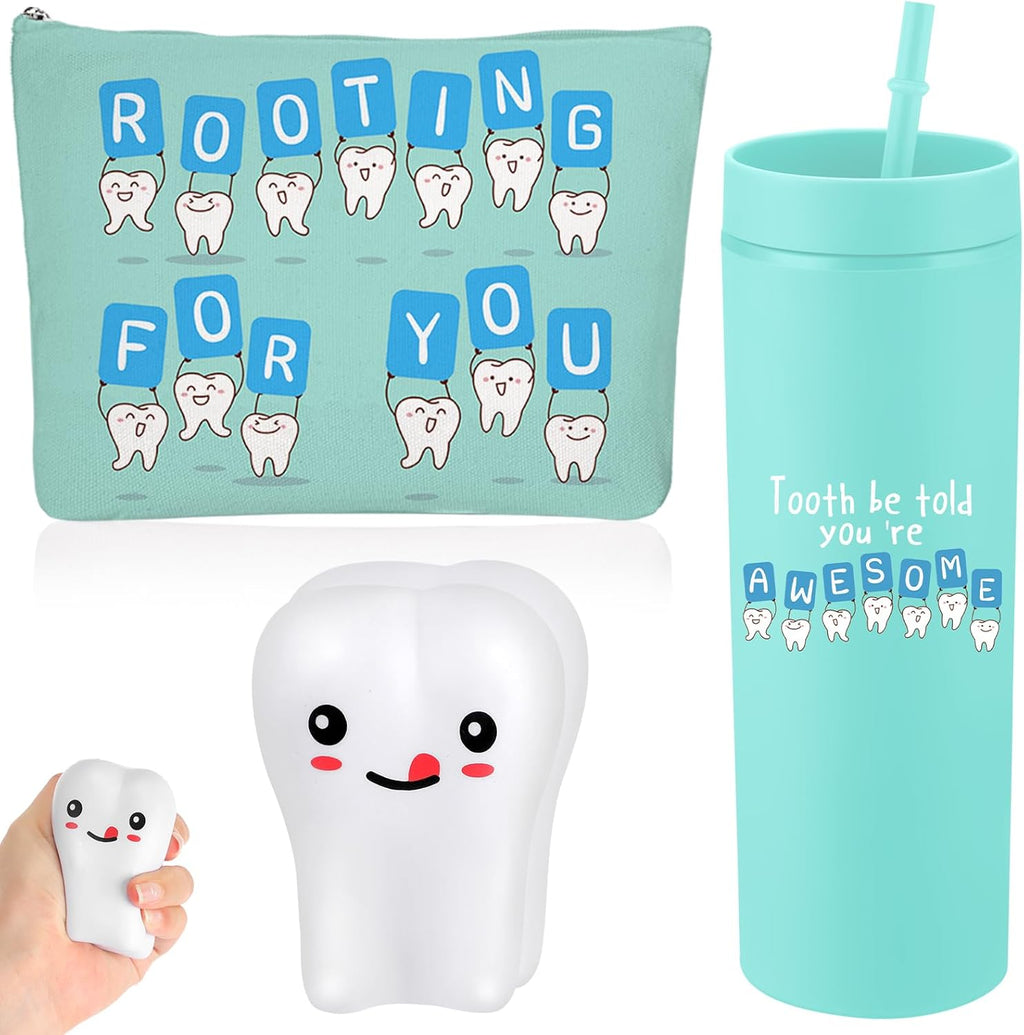 Skylety 3 Pcs Dental Hygiene Month Gifts Dental Assistant Hygienist Appreciation Gift 16oz Tumbler with Lid Cute Teeth Makeup Bag Stress Toy Employee Thank You Dentist Coworker Nurse Student(Green)