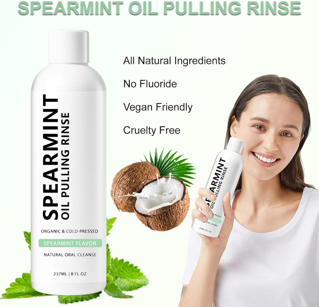 Spearmint Oil Pulling Mouthwash Rinse(237 ml), Cold-Pressed Coconut Mouthwash, Fresh Breath & Oral Care, Cleans Deeply Gentle Yet Effective (1)