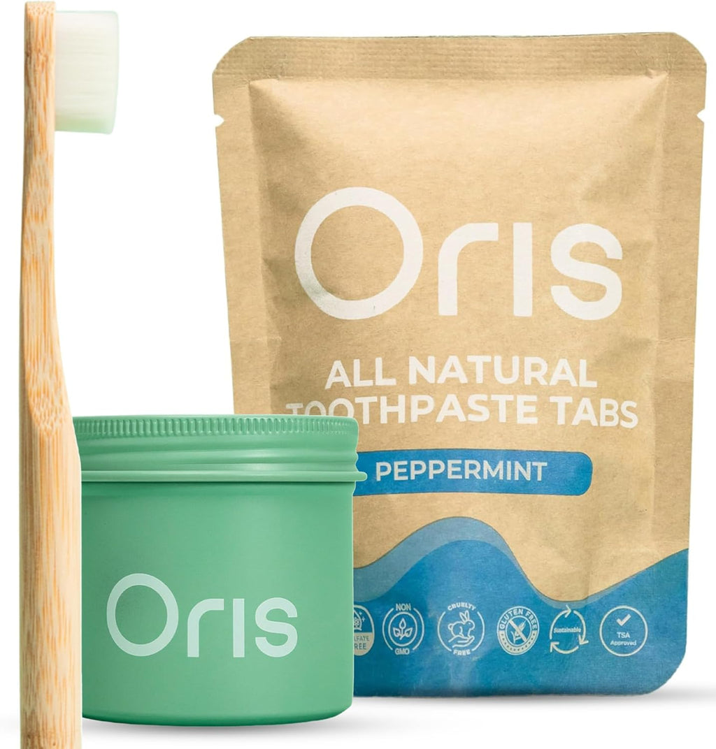 Oris Starter Bundle – 1 Month Supply: Natural Toothpaste Tablets | Fluoride-Free, Travel-Friendly, Kid-Safe with Enamel-Strengthening Nanohydroxyapatite (62 Count (Pack of 1), Peppermint)