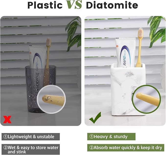 Luxspire Toothbrush Holders 2 Pack, Fast Drying Toothbrush Holders for Bathroom, Diatomite Toothbrush Cups Electric Toothbrush and Toothpaste Holder for Bathroom Countertop, Marble