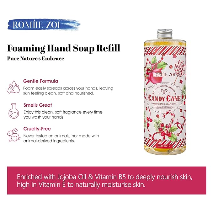 ROMIIE ZOI Christmas Foaming Hand Soap Refill- Candy Cane - Infused with Peppermint Candy Cane Aroma, Gentle & Moisturizing Formula for Home & Kitchen, 1 L/ 33.8 FL OZ