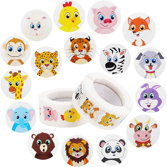 1000 PCS Small Cute Animal Stickers for Kids Teachers Classroom Party(1" Diameter / 2 Roll / 16 Designs)