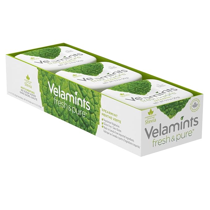 Velamints Fresh Spearmint Sugar Free Mints Tin - Fresh Breath Mint Aspartame-Free Sweetened with Stevia, 20 Gram (Pack of 6 Tins)