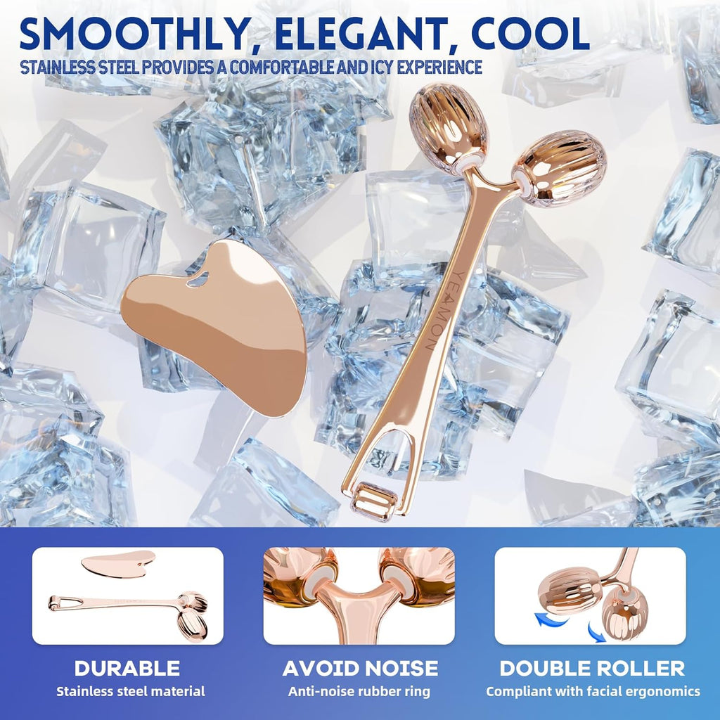 Yeamon Gua Sha Facial Tools and Face Roller Set, Facial Massage Tool for Women’s Skincare Routine,Cooling Stainless Steel Face Sculpting Eyes Roller Guasha for Daily Use or Self-Care Gift for Women