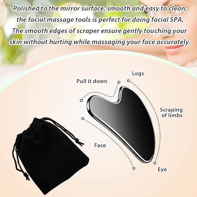 Nuanchu Stainless Steel Gua Sha Facial Tools Metal Guasha Tool for Face Body Jawline Shaper, Double Chin Reducer, Puffiness Reducing, Lymphatic Drainage Massager Skin Care Gift with Pouch(Black)