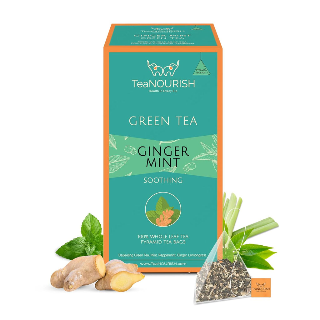TeaNOURISH Ginger Mint Green Tea | 20 Count Pyramid Tea Bags | Relaxing & Calming | Premium Darjeeling Whole Leaf | Immune Support Tea for Daily Wellness