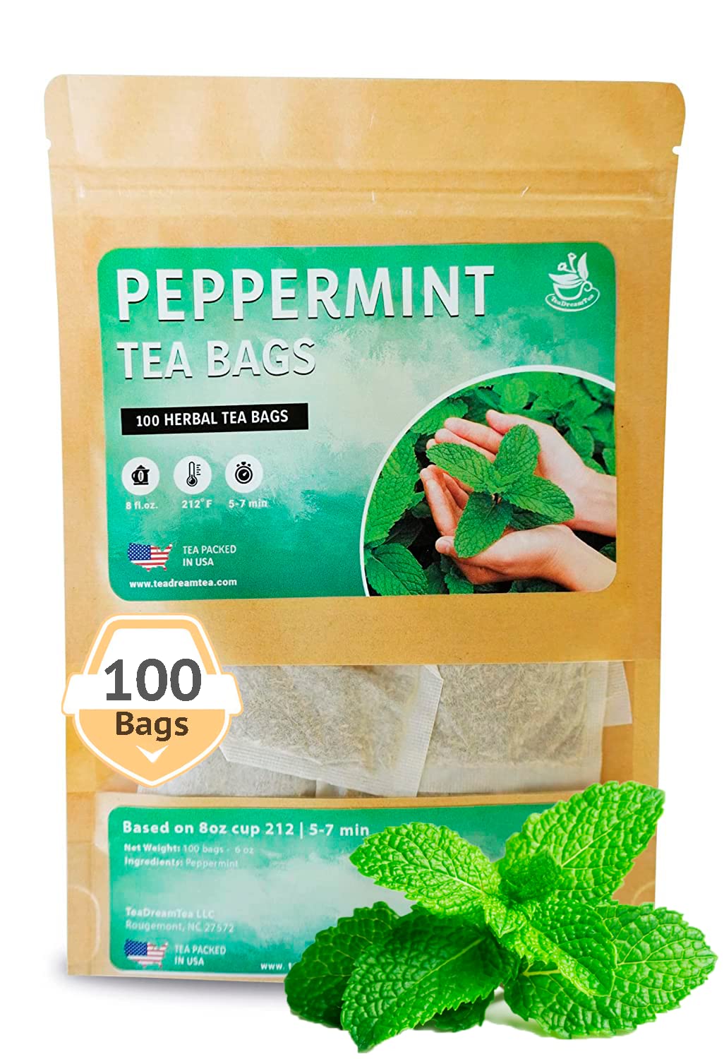 TeaDreamTea Peppermint Tea Bag - Mint tea - Herbal Tea - Mint Tea Bags - Healthy tea | Aromatic & Caffeine Free Tea (100 Teabags)