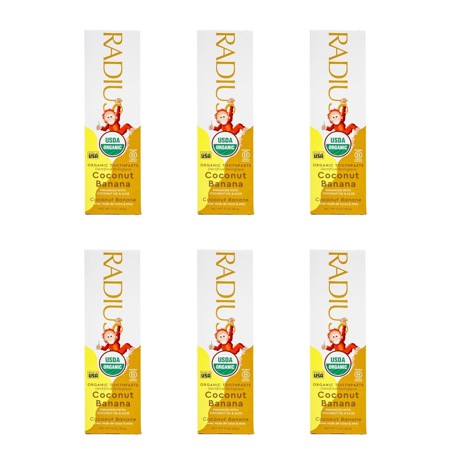 RADIUS USDA Organic Kids Toothpaste 3oz Non Toxic Chemical-Free Gluten-Free Designed to Improve Gum Health for Children's 6 Months and Up - Coconut Banana - Pack of 6
