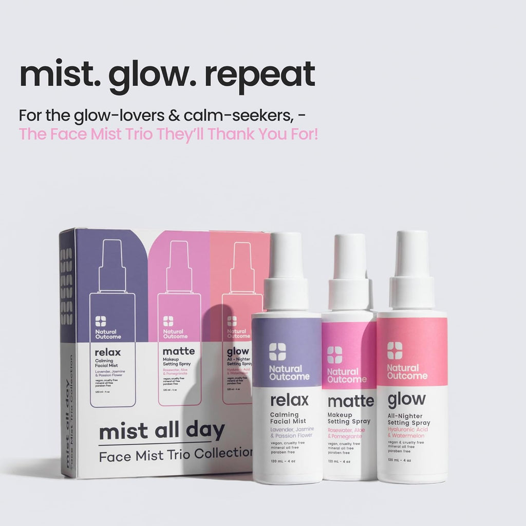 natural outcome Face Mist Trio Collection – Hydrating Facial Mist Spray for Glowing Skin – Rosewater, Lavender & Hyaluronic Acid – Makeup Setting & Refreshing Face Spray Mist
